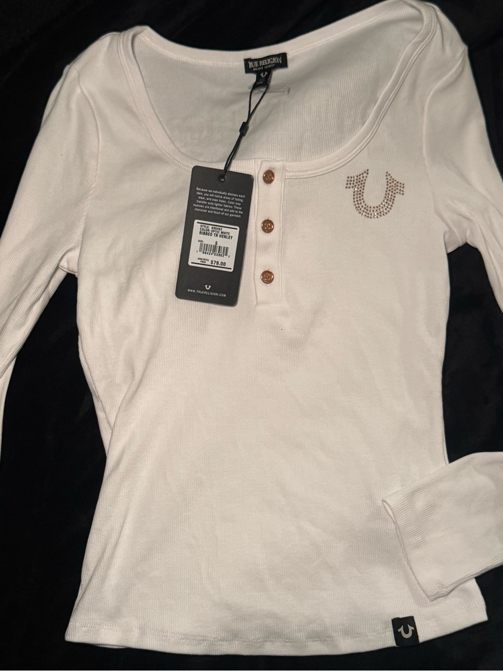 True Religion Optic White Ribbed Henley with Rhinestone Horseshoe